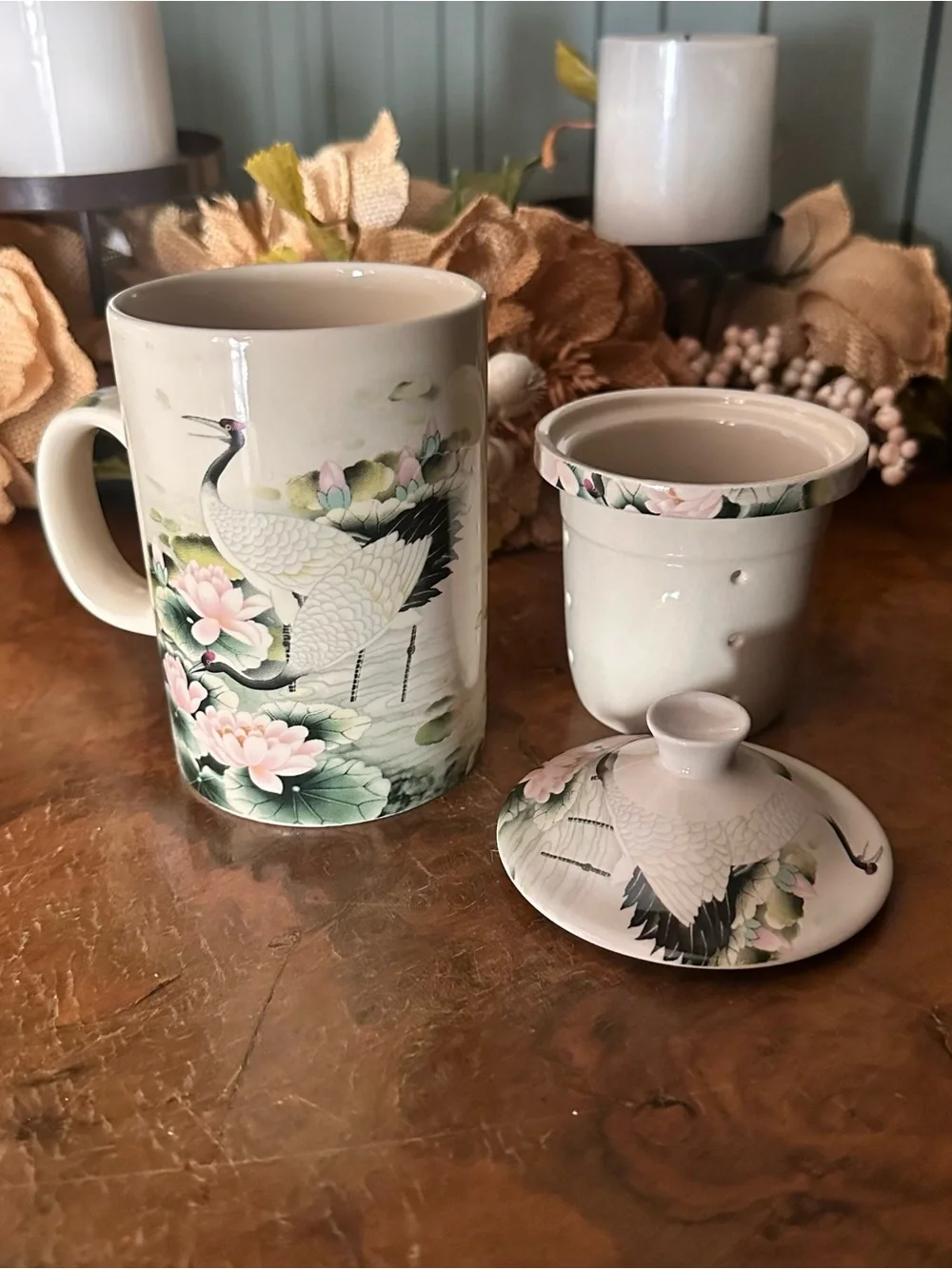 World Market Porcelain Crane & Lotus Lidded Tea Mug Cream Pink Green